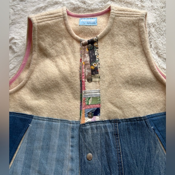 Patchwork Denim & Cream Vest with Pink Trim - Picture 3 of 10